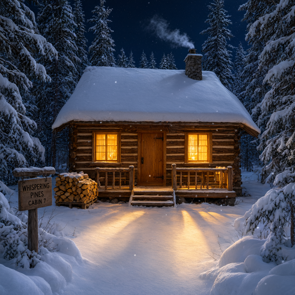 A cozy cabin glowing in a snowy forest at night