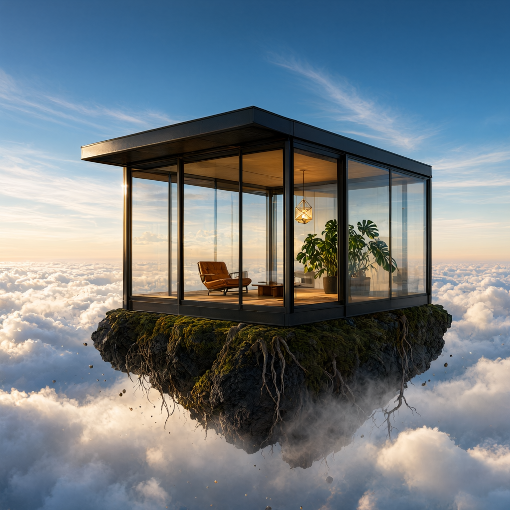 A glass house floating above the clouds