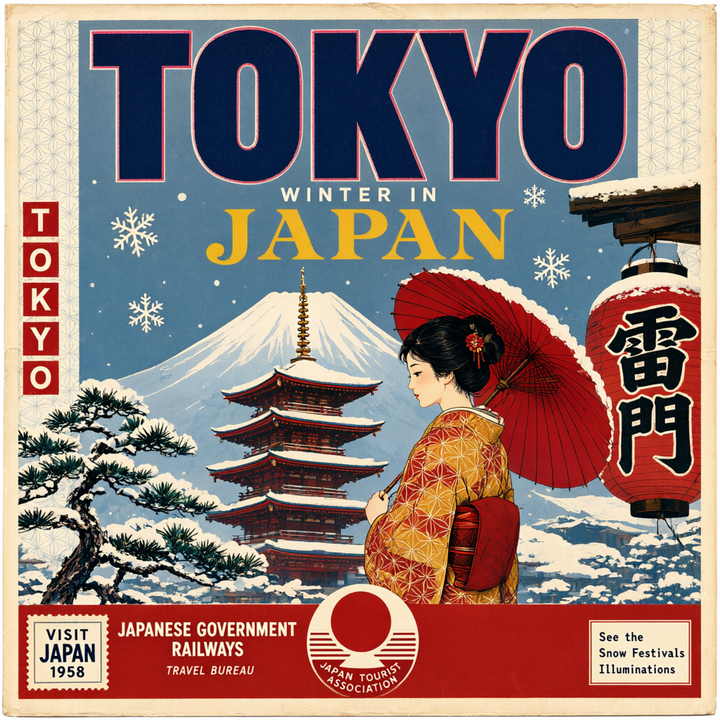Vintage travel poster of Tokyo in winter